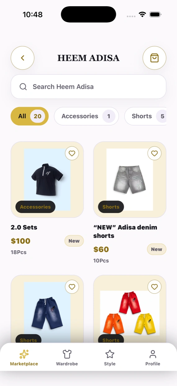 A verified store's listings in the Nomney app, showing twenty pieces with prices and category tags.