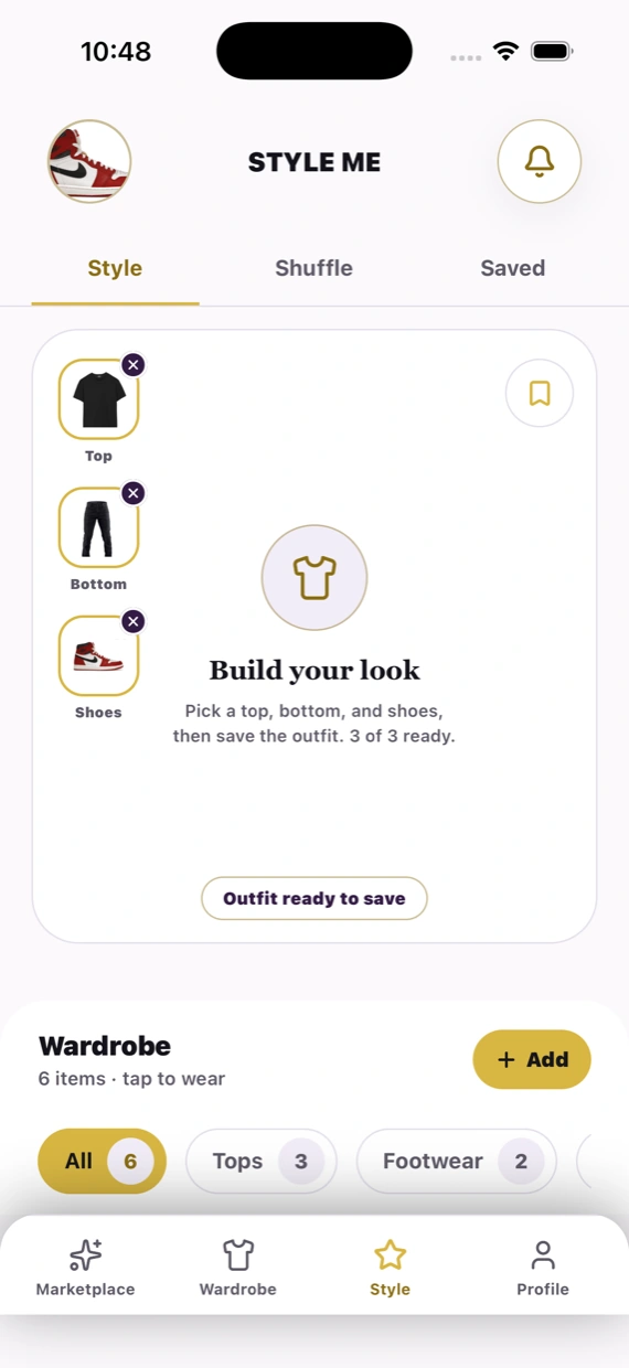 The Nomney app's Style Me screen, with a top, bottom, and shoes picked and an outfit ready to save.