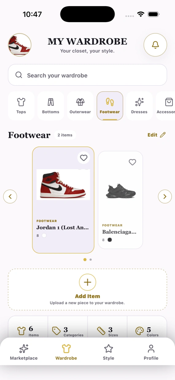 The Nomney app's wardrobe screen, showing footwear from the user's closet in a card carousel with category filters.